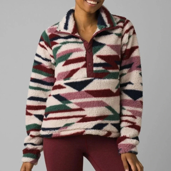 Prana Jackets & Blazers - Prana Polar Escape Snap Up cream burgundy tribal teddy pullover | size M